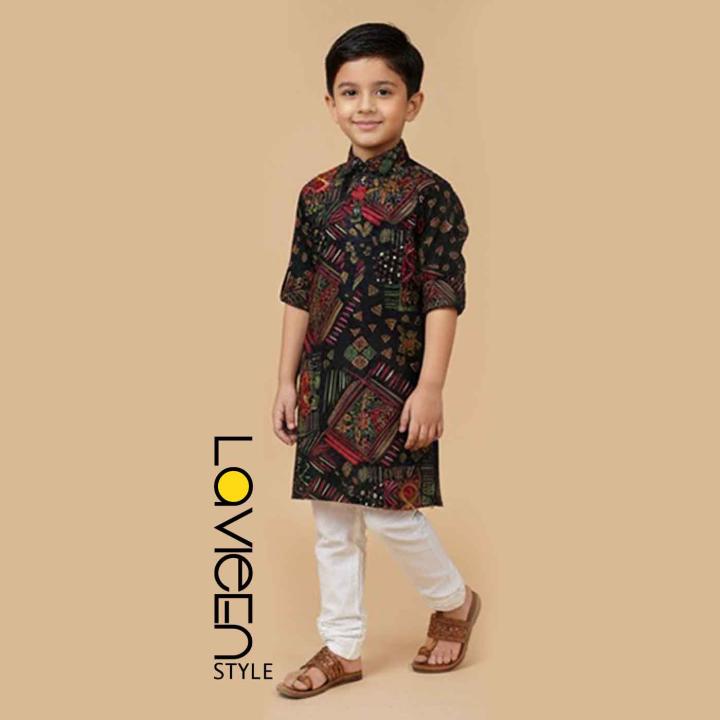 Black Printed Kids' Kurta Set, Ethnic print in rich hues of red, green, gold