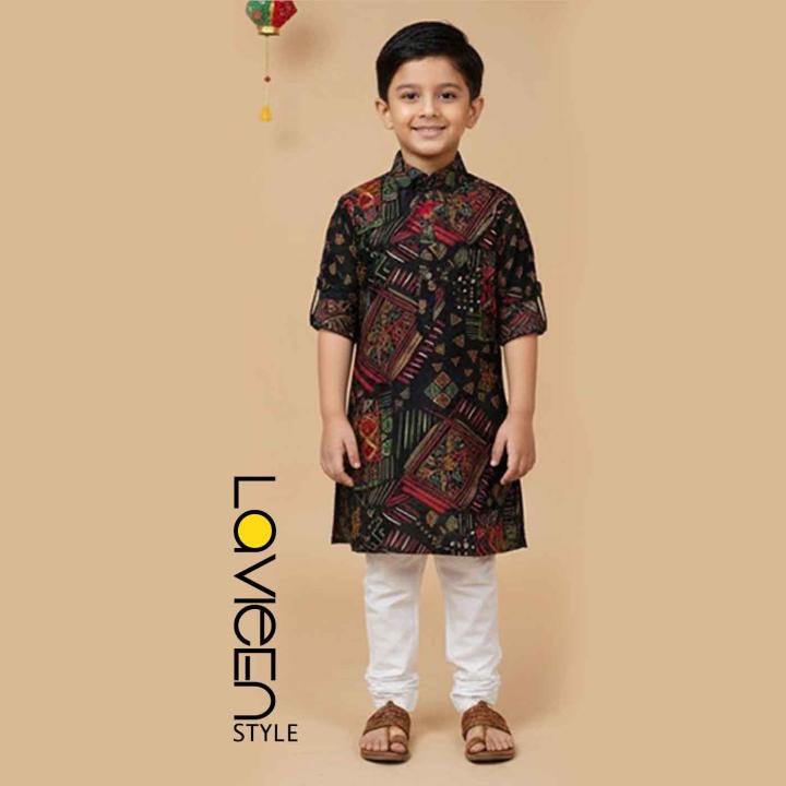 Black Printed Kids' Kurta Set, Ethnic print in rich hues of red, green, gold