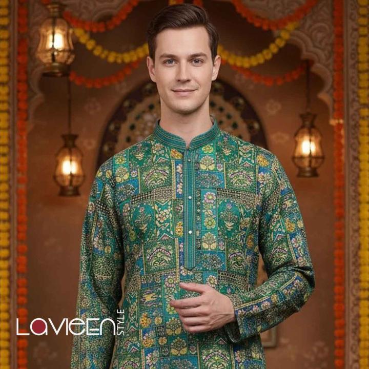 Exquisite men’s kurta, vibrant green hues and intricate prints