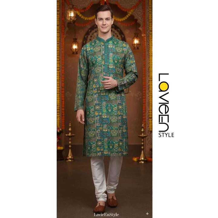 Exquisite men’s kurta, vibrant green hues and intricate prints