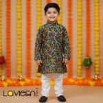 Green & Black Abstract Printed, sophisticated traditional style Kids Kurta