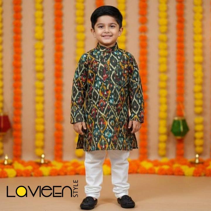 Green & Black Abstract Printed, sophisticated traditional style Kids Kurta
