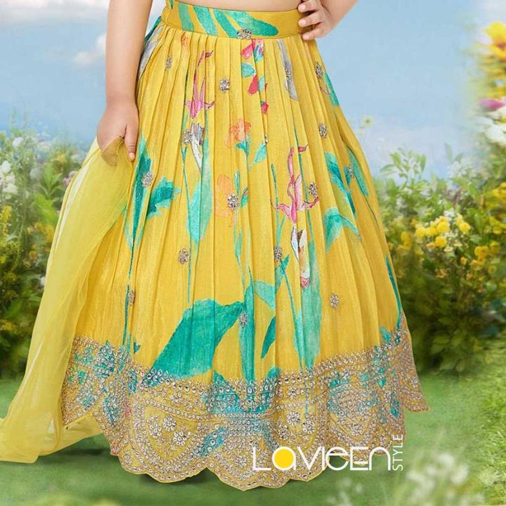 Indo-Western Lehenga Choli, Yellow with Teal and Pink Floral Accents, Premium Silk