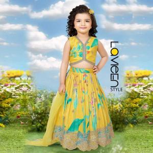 Indo-Western Lehenga Choli, Yellow with Teal and Pink Floral Accents, Premium Silk