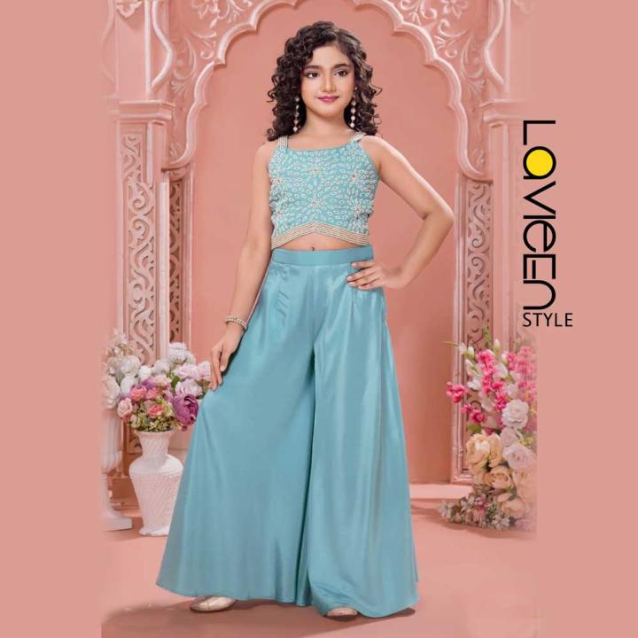 Indo-Western Sharara Set, Sky Blue, Premium Silk