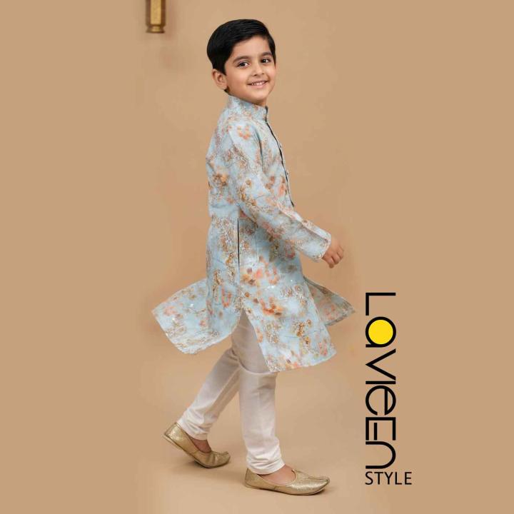 Light blue kurta, adorned with a subtle floral print