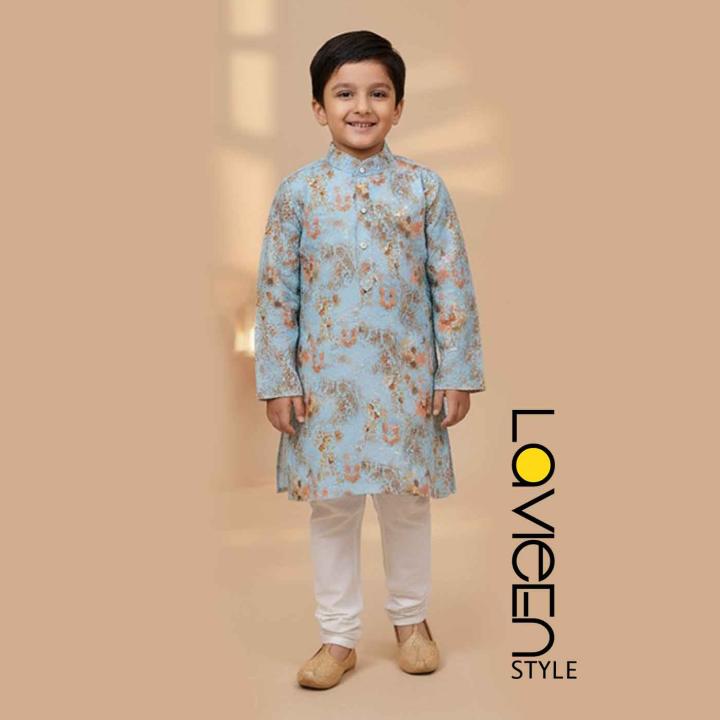 Light blue kurta, adorned with a subtle floral print