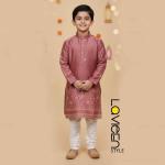 Lustrous Rosewood silk blend Kids Kurta with classic white churidar bottoms