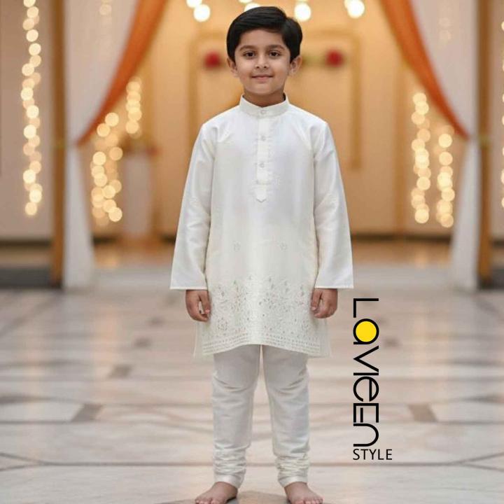 Premium silk blend, adorned with delicate thread embroidery ivory kurta set