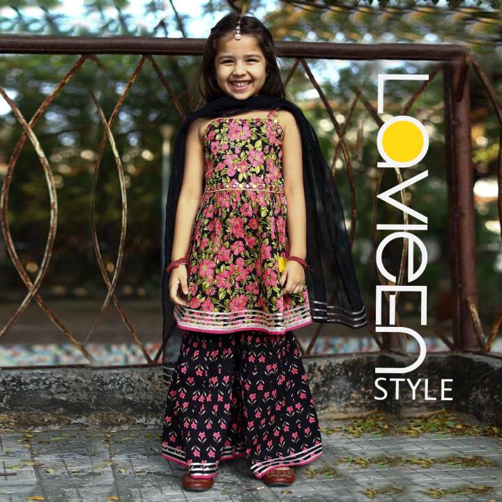 Stylish Black Floral Sharara Set for Girls