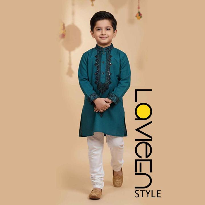 Teal Rama Kids' Kurta Set with black embroidery and sequin detailing