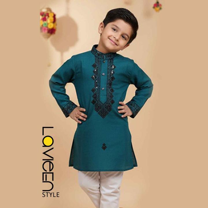 Teal Rama Kids' Kurta Set with black embroidery and sequin detailing
