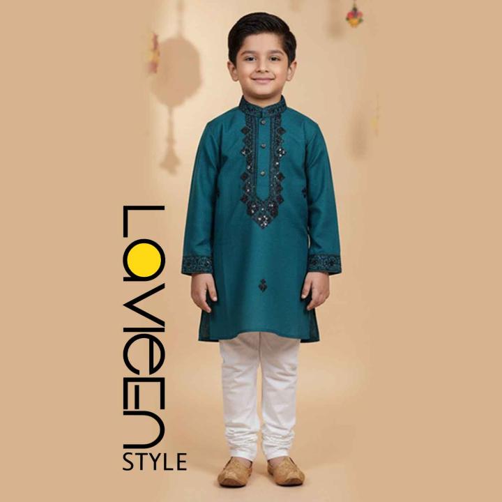 Teal Rama Kids' Kurta Set with black embroidery and sequin detailing