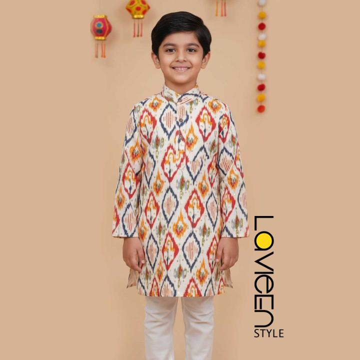 Vibrant heritage with our Off-White Ikat Printed Kids Kurta