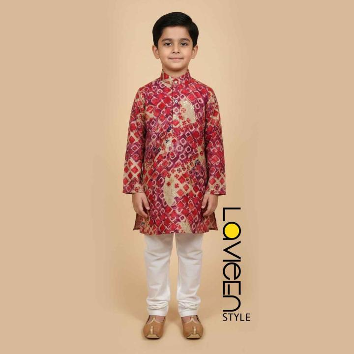 Vibrant red and maroon bandhani print on a beige base Kurta
