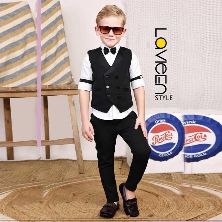 Young Gentleman’s Classic 3-Piece Formal Waistcoat & Bowtie Set, Black & White