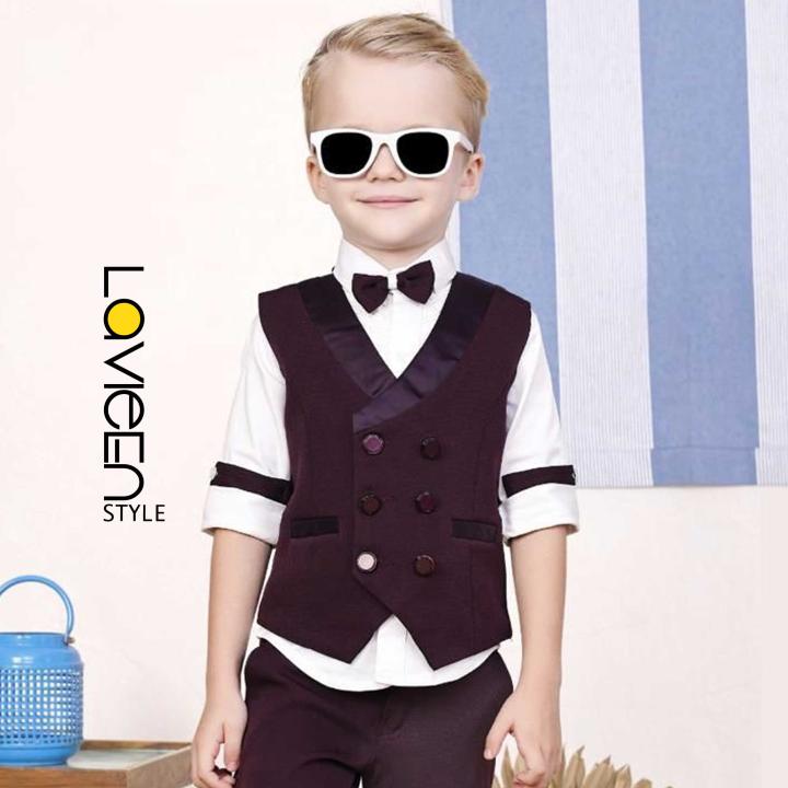 Young Gentleman’s Classic 3-Piece Formal Waistcoat & Bowtie Set, Wine & White